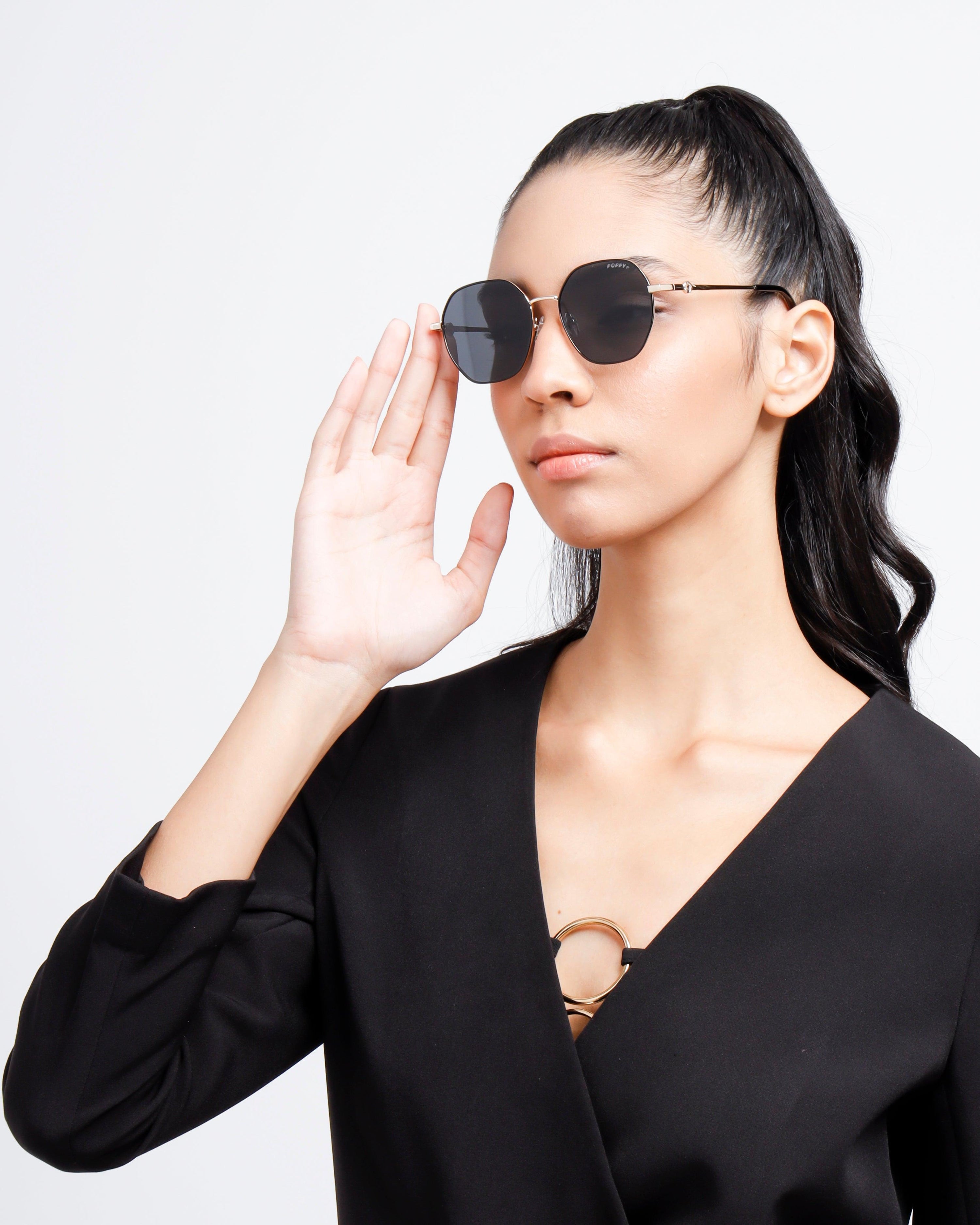 baller women hexagon shape black sunglasses poppy eyewear